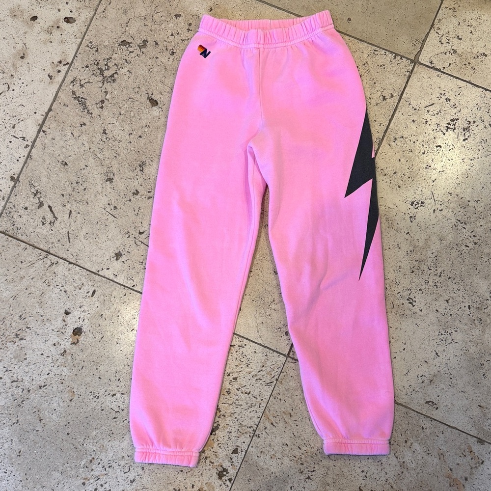Aviator Nation Pink Joggers with Black Lightning Bolt